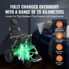An electric wheelchair with a green charging battery graphic is shown next to a sleeping person.