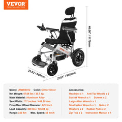 Foldable electric wheelchair for adults with 300 lbs capacity, silver aluminum frame, and joystick control.