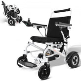 White Bostome electric wheelchair, foldable with black seat, joystick control, and all-terrain wheels.