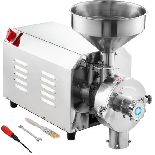 Stainless steel 3000W commercial grain grinder mill with hopper, controls, and tools.