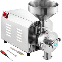 Stainless steel 3000W commercial grain grinder mill with hopper, controls, and tools.