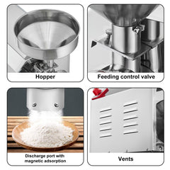 Four-panel diagram of stainless steel commercial grain grinder showing hopper, feeding control valve, magnetic discharge port, and vents.