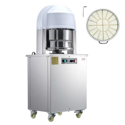 Electric dough divider machine with stainless steel body, white hood, control buttons, and 20-piece grid insert.