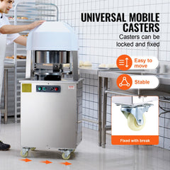 Stainless steel electric dough divider with 20-piece cutter and lockable casters.