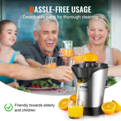 Stainless steel electric citrus juicer with a single cone for oranges and lemons.