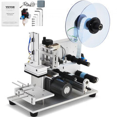 White Bostome electric flat labeling machine with label roll, controls, and accessories.