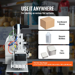 Electric flat labeling machine applying labels to boxes, square bottles, and tin cans on various flat surfaces.