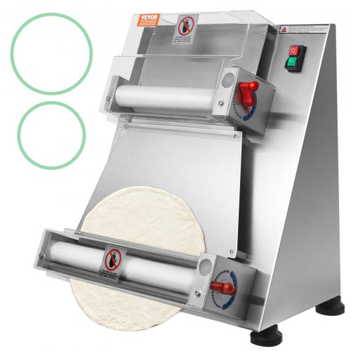 Stainless steel electric pizza dough roller sheeter with dual rollers and 3-15 inch capacity.