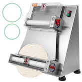 Stainless steel electric pizza dough roller sheeter with dual rollers and 3-15 inch capacity.