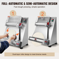 Stainless steel electric pizza dough roller sheeter with dual rollers and adjustable thickness for 3-15 inch dough.