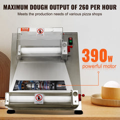 Stainless steel electric pizza dough roller sheeter with 390W motor and adjustable rollers.