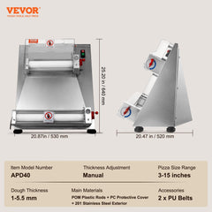 Stainless steel electric pizza dough roller sheeter with dual rollers, 3-15 inch capacity, and thickness adjustment.