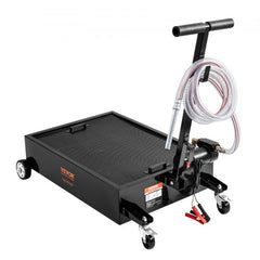 Bostome 15-gallon low profile oil drain pan with a 180W electric pump and swivel casters.