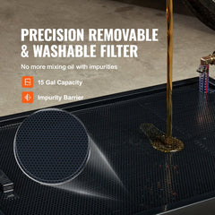 Bostome 15-gallon low profile oil drain pan with electric pump and swivel casters.