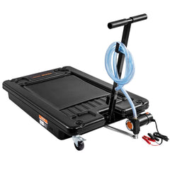 Bostome 17-gallon low profile oil drain pan with electric pump and swivel casters for mobility.