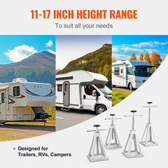 Four aluminum RV stabilizer jacks with adjustable height from 11 to 17 inches.