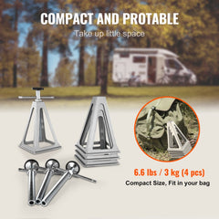 Four aluminum RV stabilizer jacks, adjustable from 11 to 17 inches, with 6000 lbs capacity.