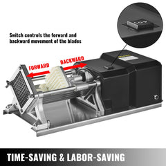 Bostome Electric French Fry Cutter with four stainless steel blades and non-slip foot pads.