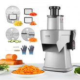 Silver Bostome 200W electric vegetable slicer with 4-in-1 stainless discs, gloves, and sliced veggies.