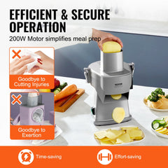 Silver Bostome 200W electric vegetable slicer with 4-in-1 stainless discs, wide chute, and cut-resistant gloves.