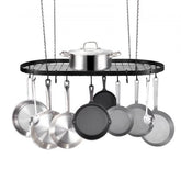 A black 32-inch ceiling-mounted pot rack with grid design and 12 S-hooks holding various stainless steel and cast iron pots and pans.
