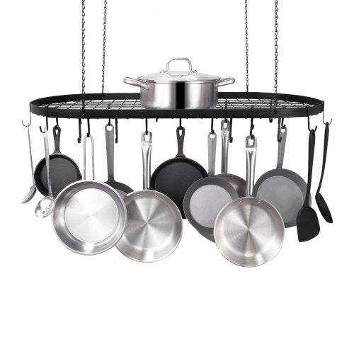 Bostome 36" ceiling pot rack in carbon steel with 20 S-hooks for hanging cookware.