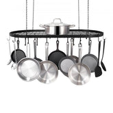 Bostome 36" ceiling pot rack in carbon steel with 20 S-hooks for hanging cookware.