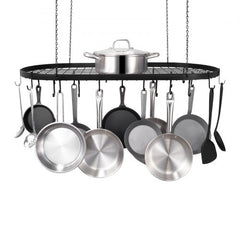 Bostome 36" ceiling pot rack in carbon steel with 20 S-hooks for hanging cookware.