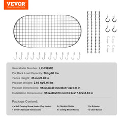 Bostome 36-inch carbon steel ceiling pot rack with 20 S-hooks for cookware organization.