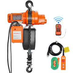 Electric chain hoist with 2200 lbs capacity, 20 ft lift, and dual control options.