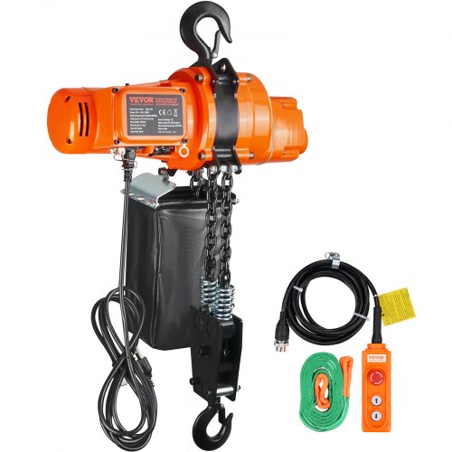 Orange electric chain hoist with 2200 lbs capacity, 10 ft lift chain, hook, and wired remote.