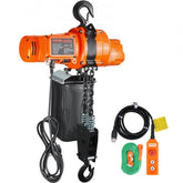 Orange electric chain hoist with 2200 lbs capacity, 10 ft lift chain, hook, and wired remote.