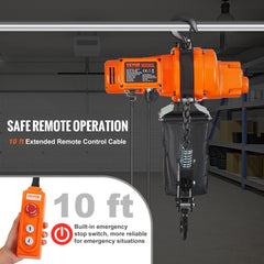 Orange electric chain hoist with 2200 lbs capacity, 10 ft lift, and wired remote control.
