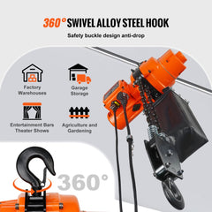 Orange electric chain hoist with 2200 lbs capacity, 10 ft lift, and 360-degree swivel hook.