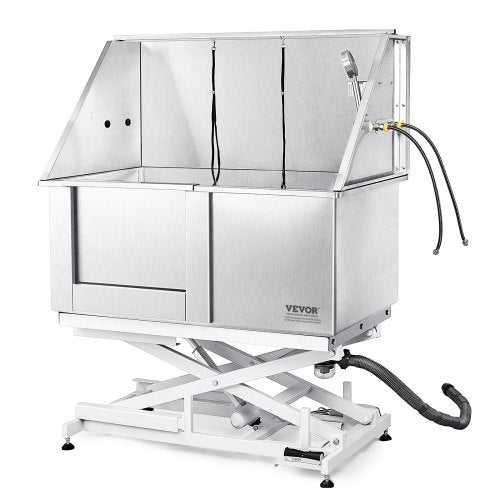 50-inch stainless steel pet bathing station with electric height adjustment on the left.