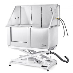 50-inch stainless steel pet bathing station with electric height adjustment on the left.