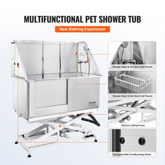 50-inch stainless steel pet bathing tub with electric height adjustment on the left.