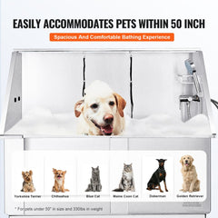 50-inch stainless steel pet bathing station with electric height adjustment, showing dogs and cats inside.