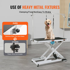 Electric pet grooming table with height adjustment, stainless steel construction, and safety features.