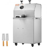 Stainless steel electric sugarcane juicer with two control knobs, feed chute, and wooden-handled knives.