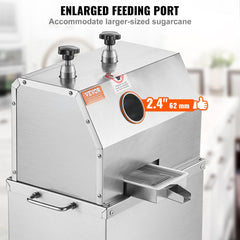 Stainless steel electric sugarcane juicer with enlarged 2.4-inch feeding port and control knobs.