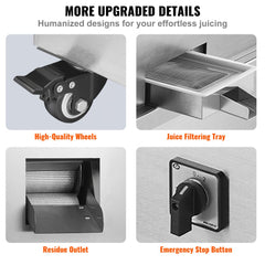 Collage of stainless steel sugarcane juicer features: wheels, filter tray, residue outlet, and emergency stop button.