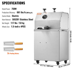 750W electric sugarcane juicer with stainless steel construction, three rollers, and four wheels.