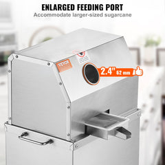 Stainless steel electric sugarcane juicer with 2.4-inch feeding port for large cane.