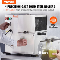 Bostome Electric Sugarcane Juicer with 800W motor and four stainless steel rollers.