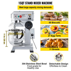 Stainless steel 15Qt food mixer with three speeds and durable attachments for versatile mixing.