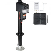 Black electric trailer jack with 3500 lbs capacity, 9.84-33.85in height, and waterproof cover.