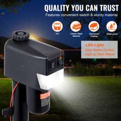 Black electric trailer jack with 3500 lbs capacity, LED light, switches, and waterproof cover.