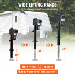 Electric trailer jack with 3500 lbs capacity, adjustable from 9.84 to 33.85 inches, shown in multiple heights next to a trailer.