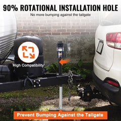 Electric trailer jack with 90-degree rotating mount installed on a trailer near a vehicle.